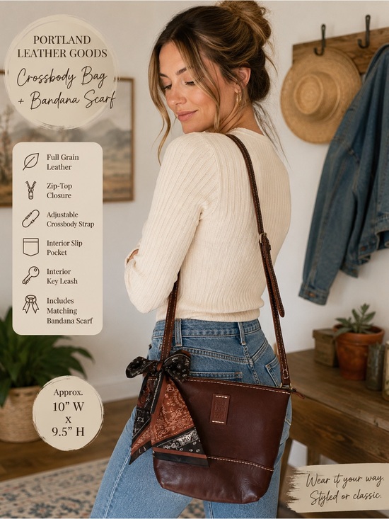 Handbags - NWOT Portland Leather Goods Brown Full Grain Leather Crossbody + Matching Scarf